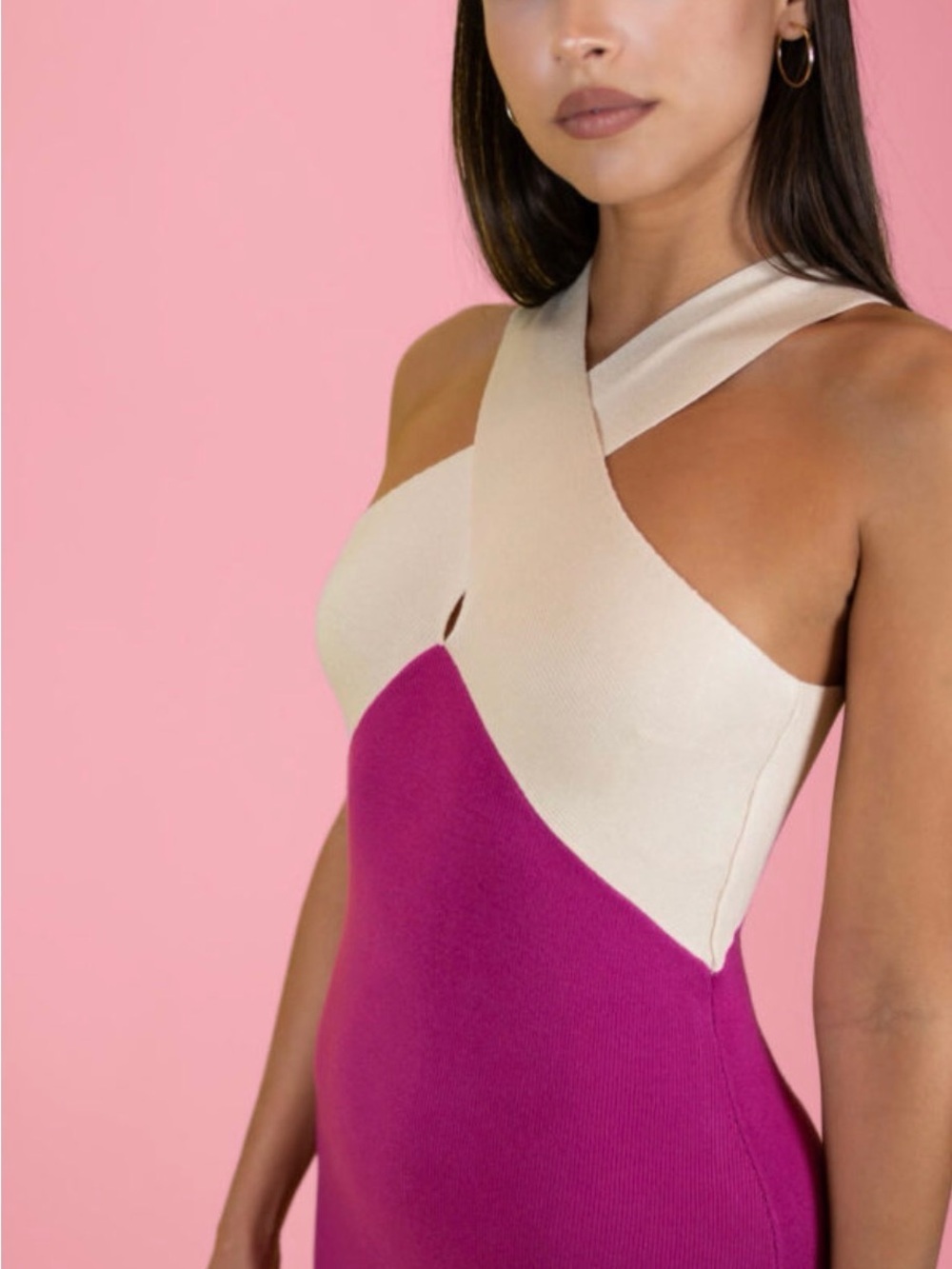 Lush Cream and Fuchsia Crisscross Knit Halter Midi Dress - Picture 5 of 14